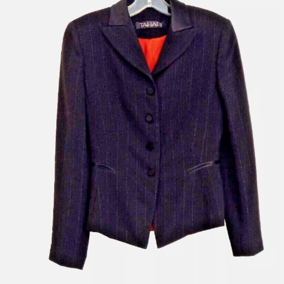 Tahari Tuxedo Style Blazer Sz 2 Black Pinstripe 4 Button Red Satin Lined - Picture 12 of 13